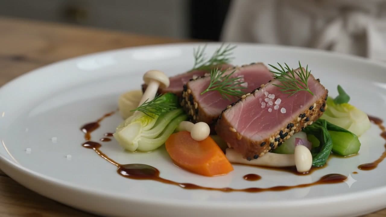 Sesame-crusted tuna steak with parsnip purée — cooking method video