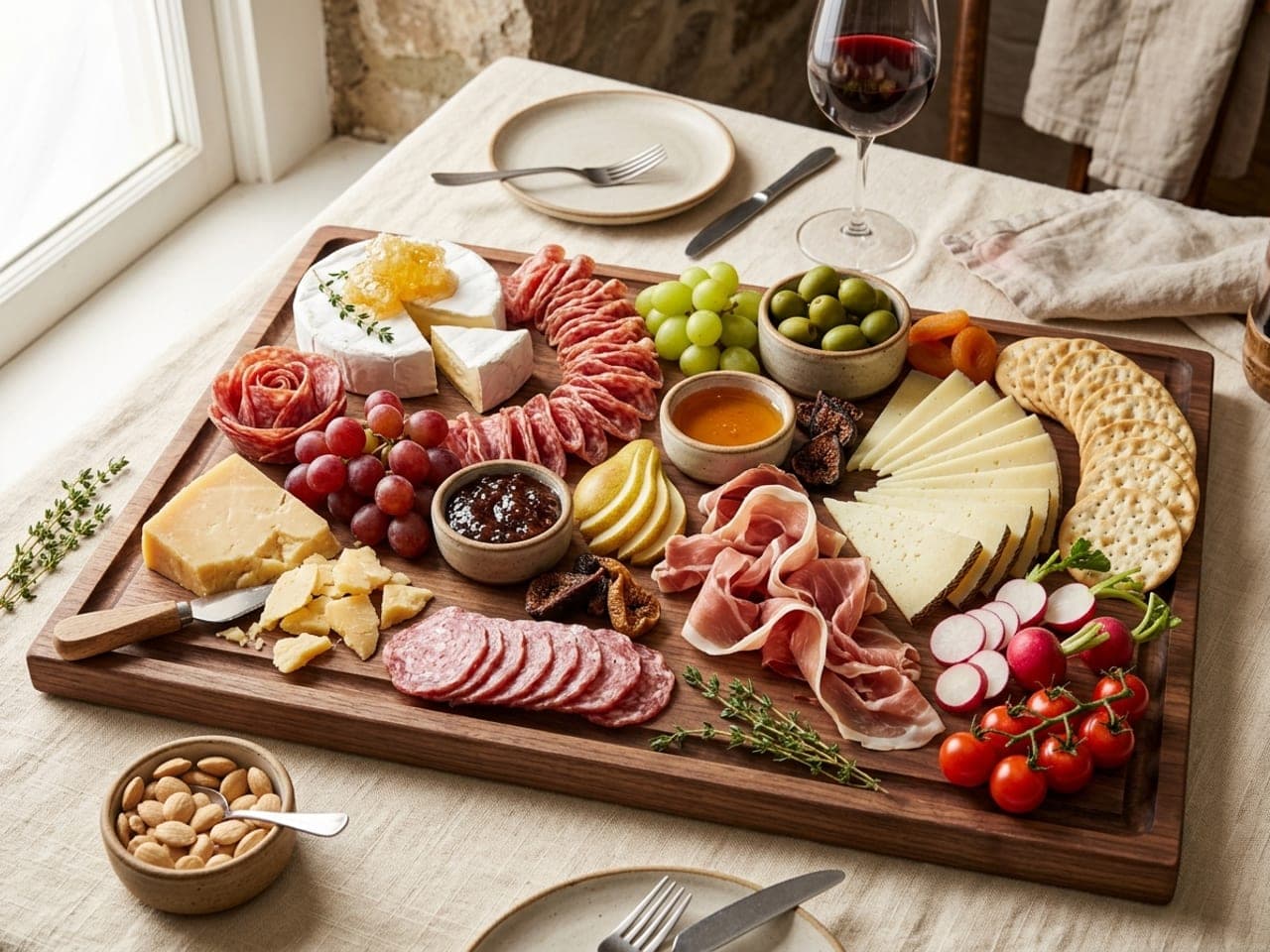 A finished charcuterie board for eight on a walnut board, viewed at 45 degrees: a brie wheel with wedges cut out, fanned Manchego and aged Gouda shards at three points, a salami river, a fan of soppressata coins and prosciutto ribbons connecting them, ramekins of olives, honey and fig jam, grapes, dried apricots and crackers in the gaps, bare wood showing between clusters