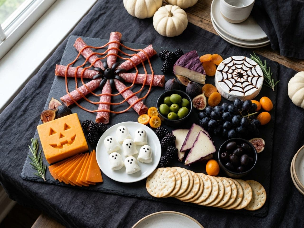 A Halloween charcuterie board on a long black slate with a salami spider web, a brie wheel with a balsamic web and mozzarella ghosts