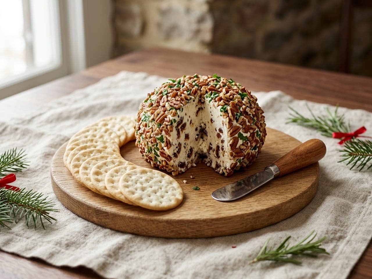 A pecan and parsley coated cheese ball, one wedge cut out, on a small board with crackers and a spreader