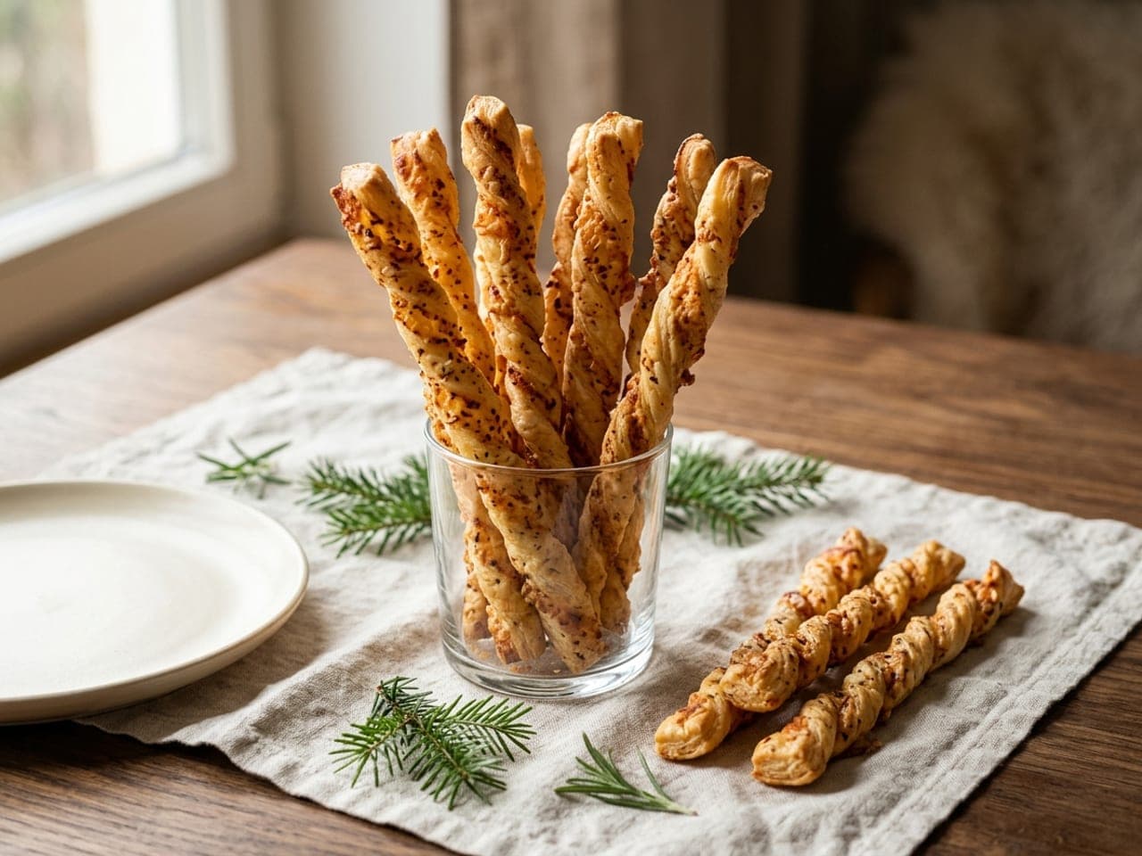 Golden twisted puff-pastry cheese straws standing upright in a glass tumbler, three more on the cloth