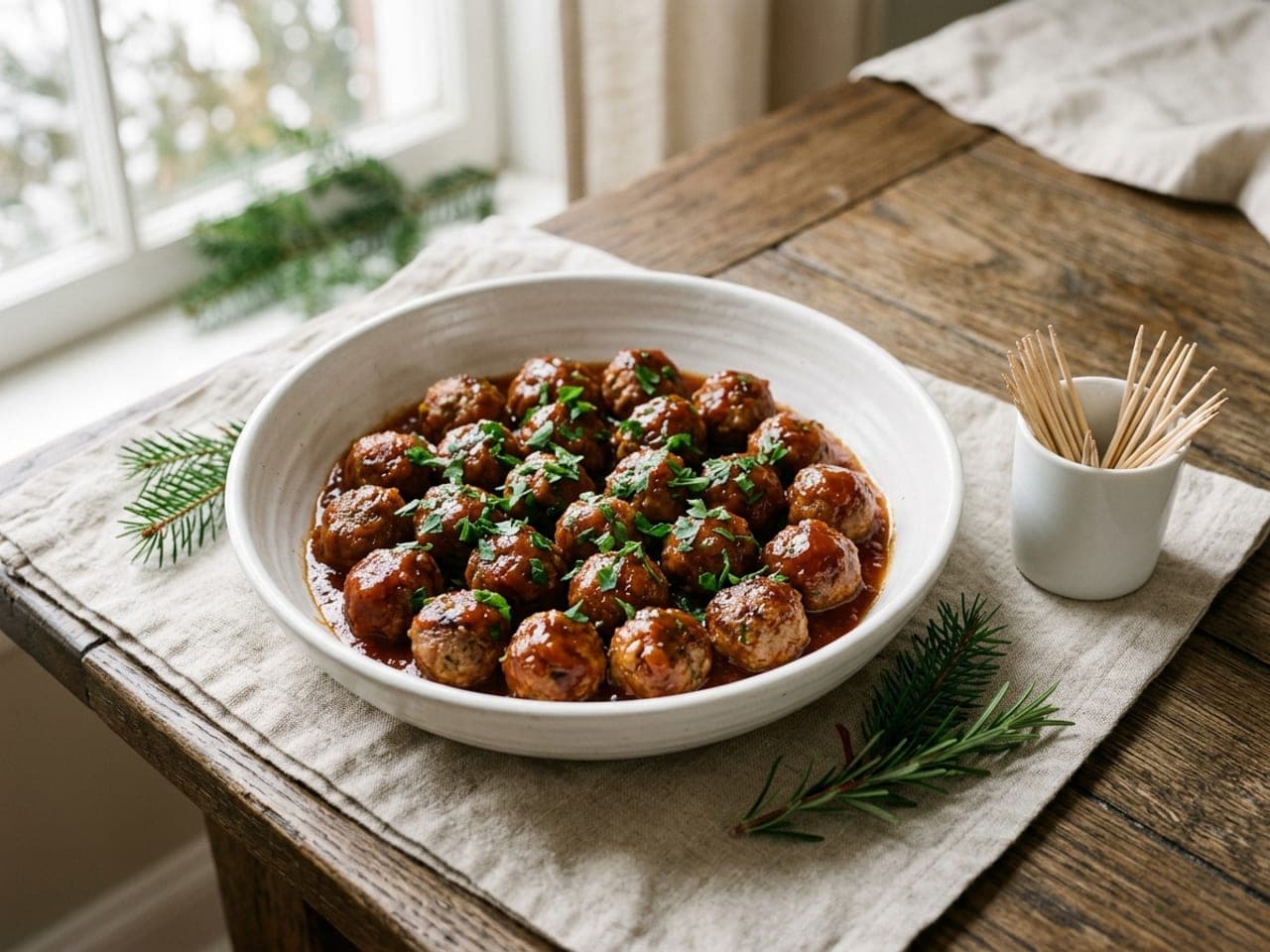 Small glossy meatballs in a red-brown sweet and sour sauce in a wide white bowl, a small dish of cocktail picks beside it