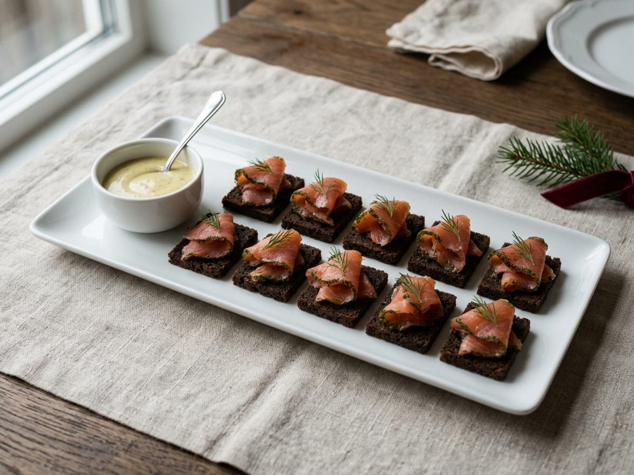 Pumpernickel squares topped with folds of dill-cured salmon on a long white platter, mustard-dill sauce at one end