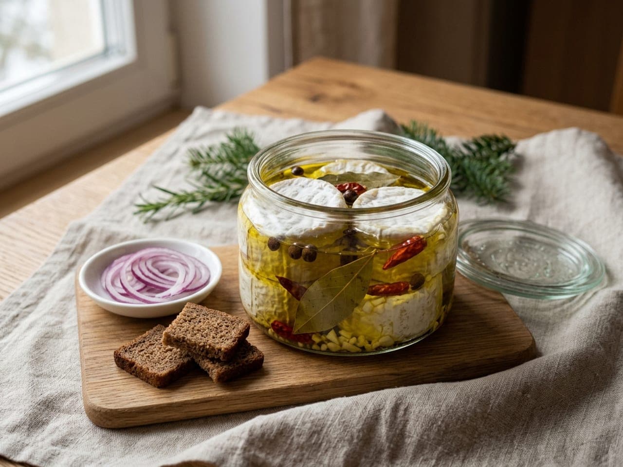 A glass jar of small white-rind Hermelín cheeses in oil with allspice berries, bay leaves, small chopped garlic and dried red chillies, sliced red onion and rye bread beside it