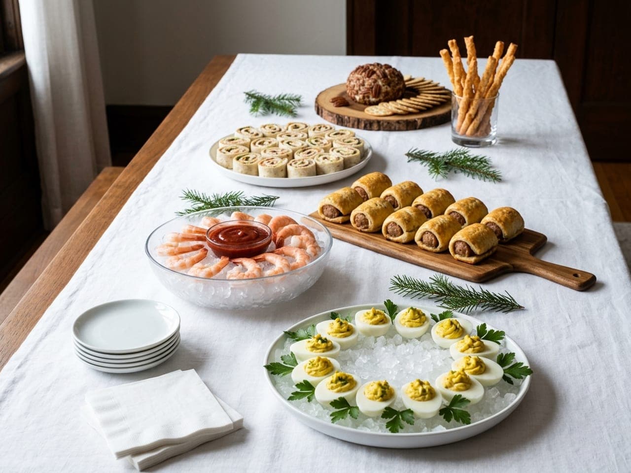 A Christmas appetizer spread on a long linen-covered table: a ring of deviled eggs on crushed ice, a bowl of shrimp on ice around cocktail sauce, a board of sausage rolls, a spiral of pinwheels, a pecan-coated cheese ball with crackers and a tumbler of cheese twists