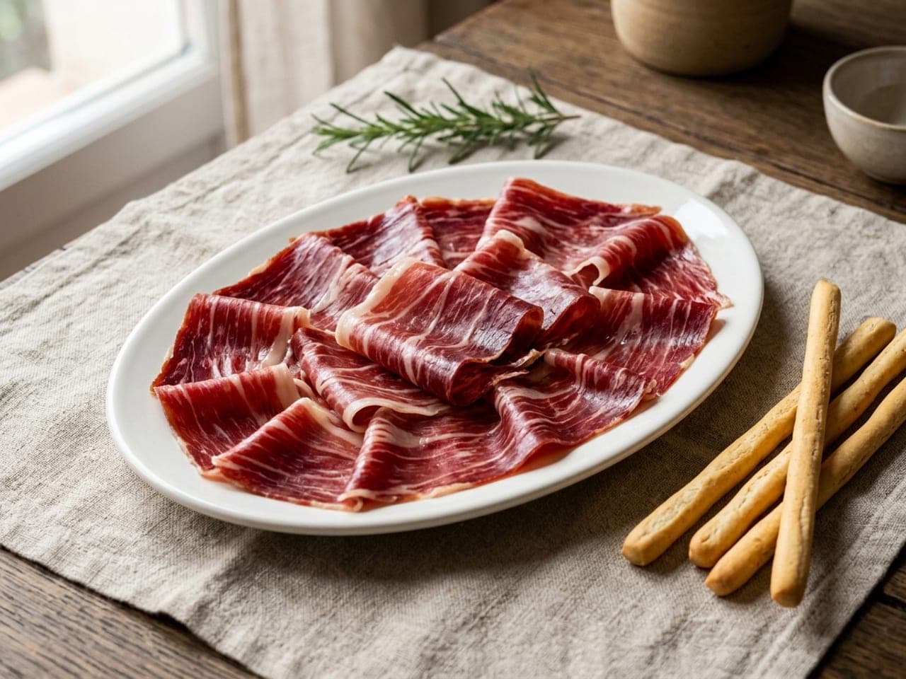 Thin, translucent slices of deep red Spanish cured ham laid in loose overlapping folds on a white oval plate, with a few thin breadsticks alongside