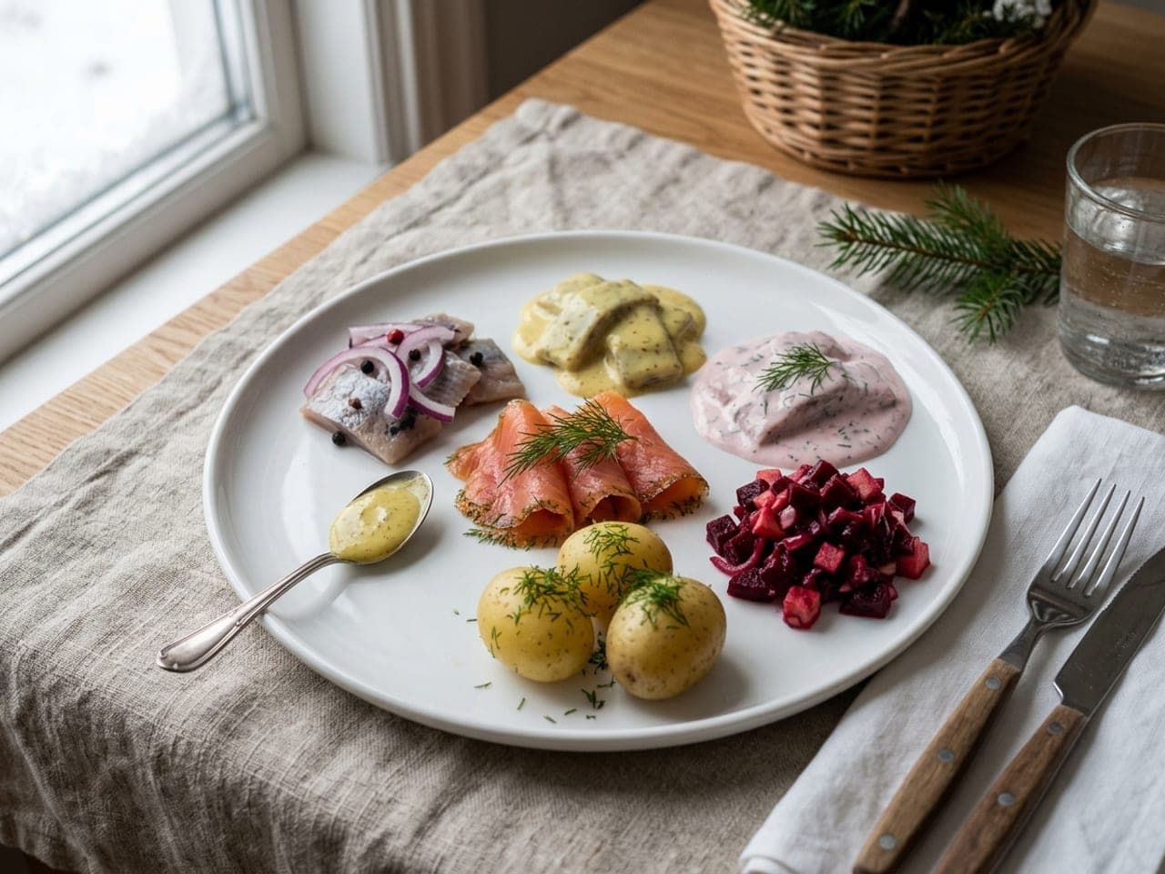 A white plate with three kinds of pickled herring, slices of dill-cured salmon, a spoon of mustard sauce, boiled new potatoes and chopped beetroot salad