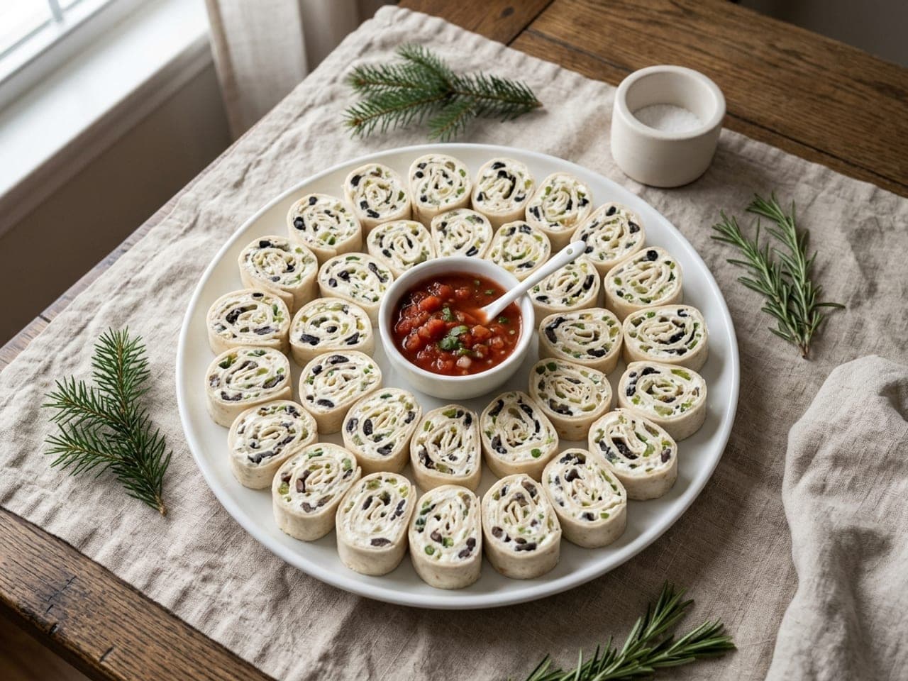Tortilla pinwheel slices cut side up in a spiral on a round platter around a bowl of salsa