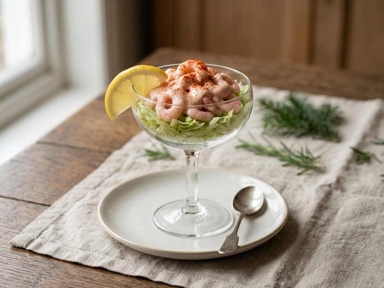 A stemmed glass dish of prawn cocktail: shredded lettuce, small pink prawns in pale pink Marie Rose sauce, a dusting of paprika and a lemon wedge on the rim