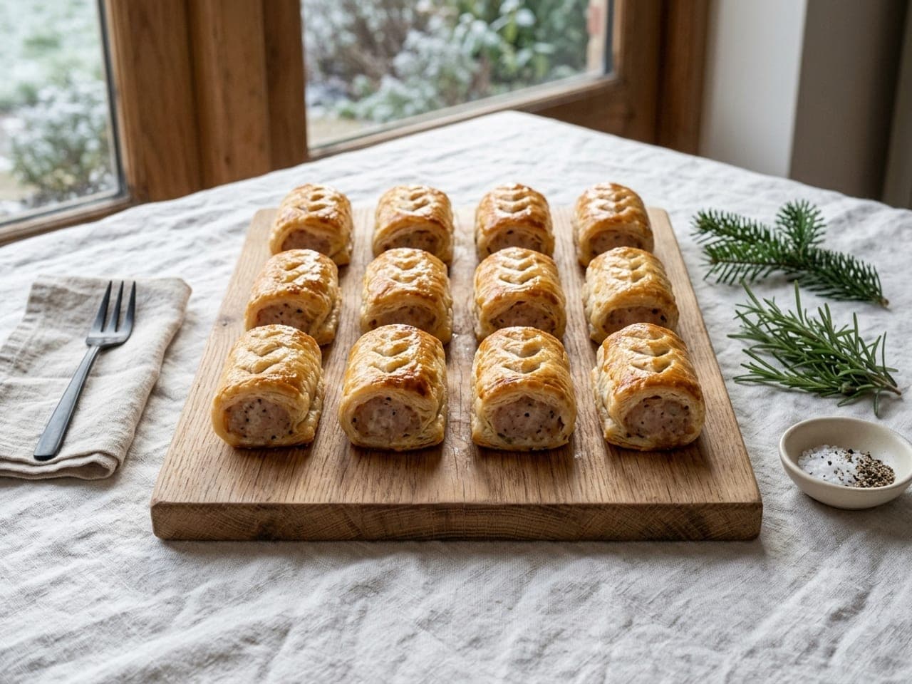 Twelve golden sausage rolls in three straight rows on a wooden board, pork filling showing at the cut ends