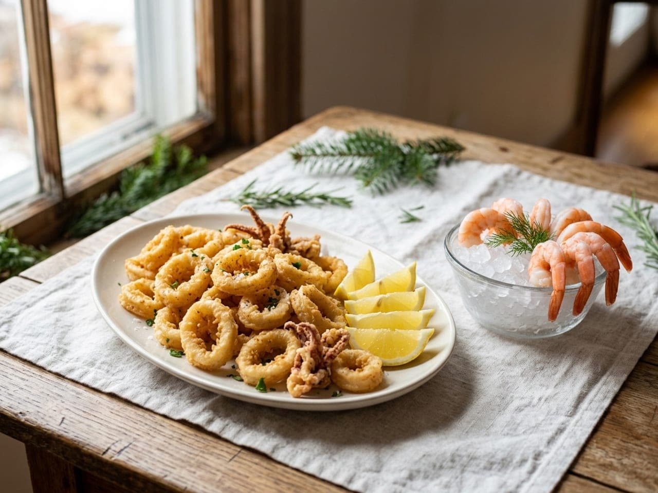 A white platter of golden fried calamari rings with lemon wedges beside a small glass bowl of pink poached shrimp on ice