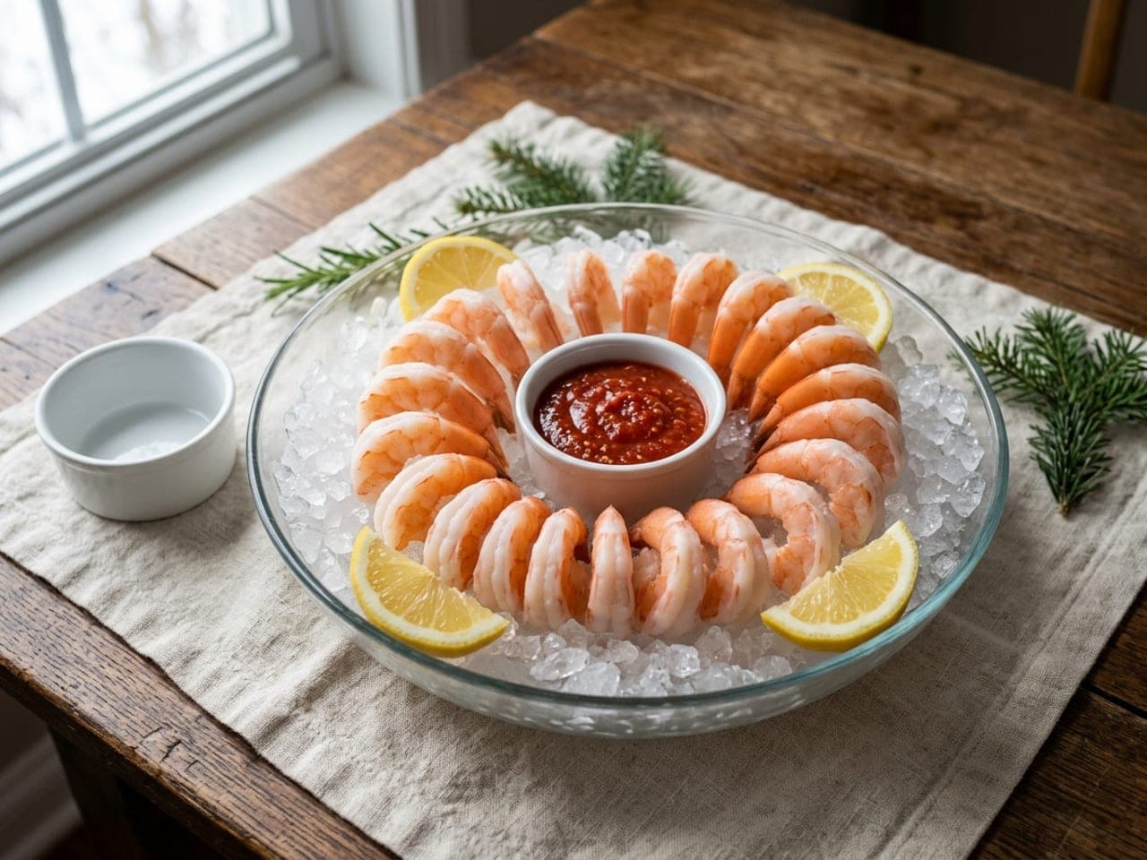 Poached shrimp in a ring on crushed ice around a dish of cocktail sauce, lemon wedges in the ice