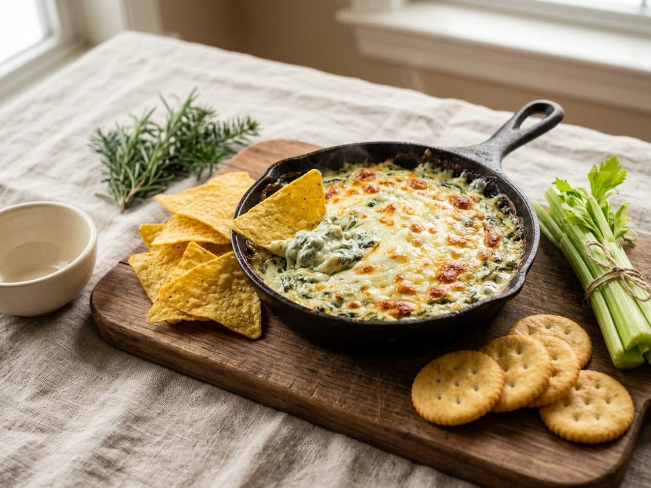 Bubbling spinach and artichoke dip in a small cast iron skillet, with chips, crackers and celery sticks around it