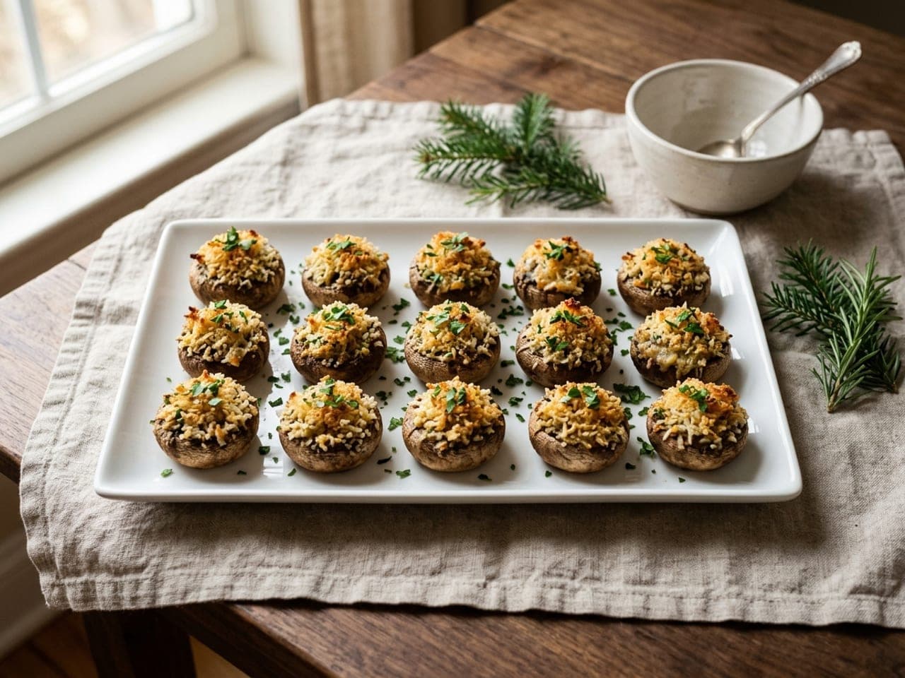 Three rows of baked stuffed mushrooms with golden tops and parsley on a white platter