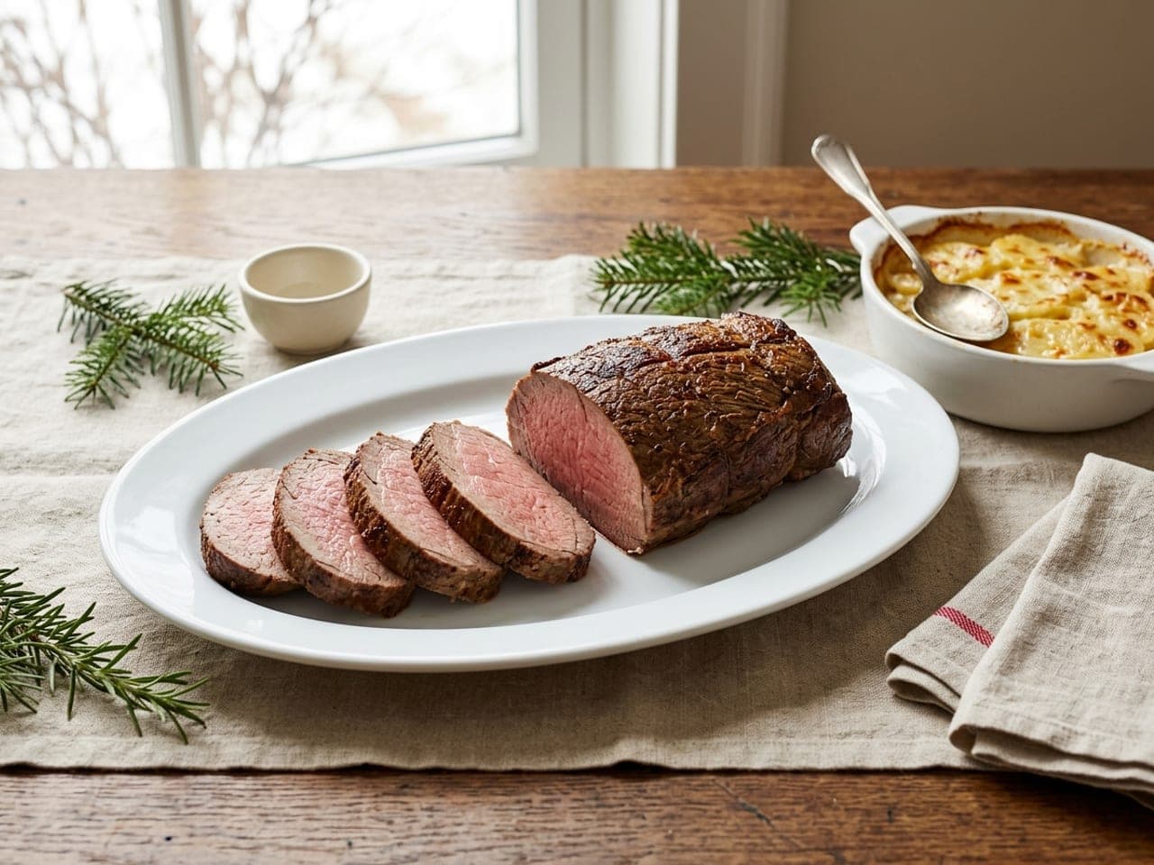 A roast beef tenderloin on a white oval platter with four thick slices cut from one end, pink in the middle, a dish of scalloped potatoes behind it