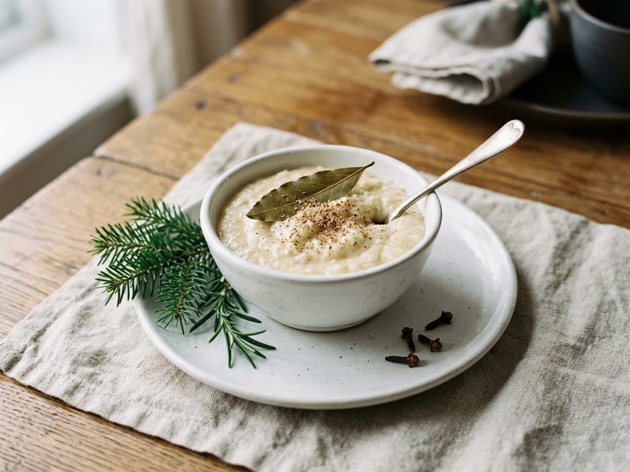 A white bowl of thick pale bread sauce with a bay leaf on top and a spoon in it, standing on a white plate with a sprig of fir and a few whole cloves