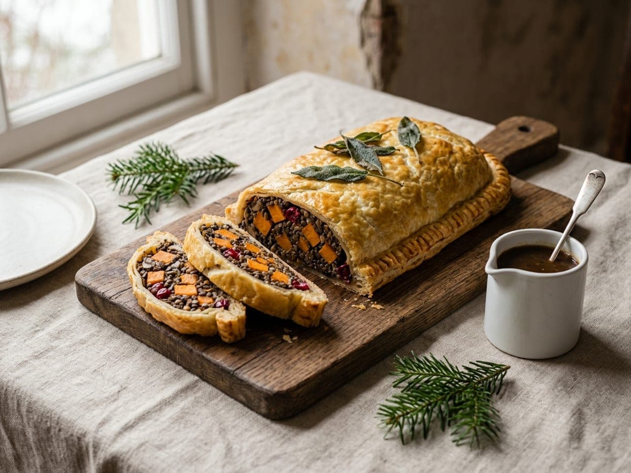 A golden puff pastry Wellington on a wooden board with sage leaves on top and two slices cut from one end, showing a dark, crumbly filling with orange cubes and red cranberries, a small jug of gravy beside it