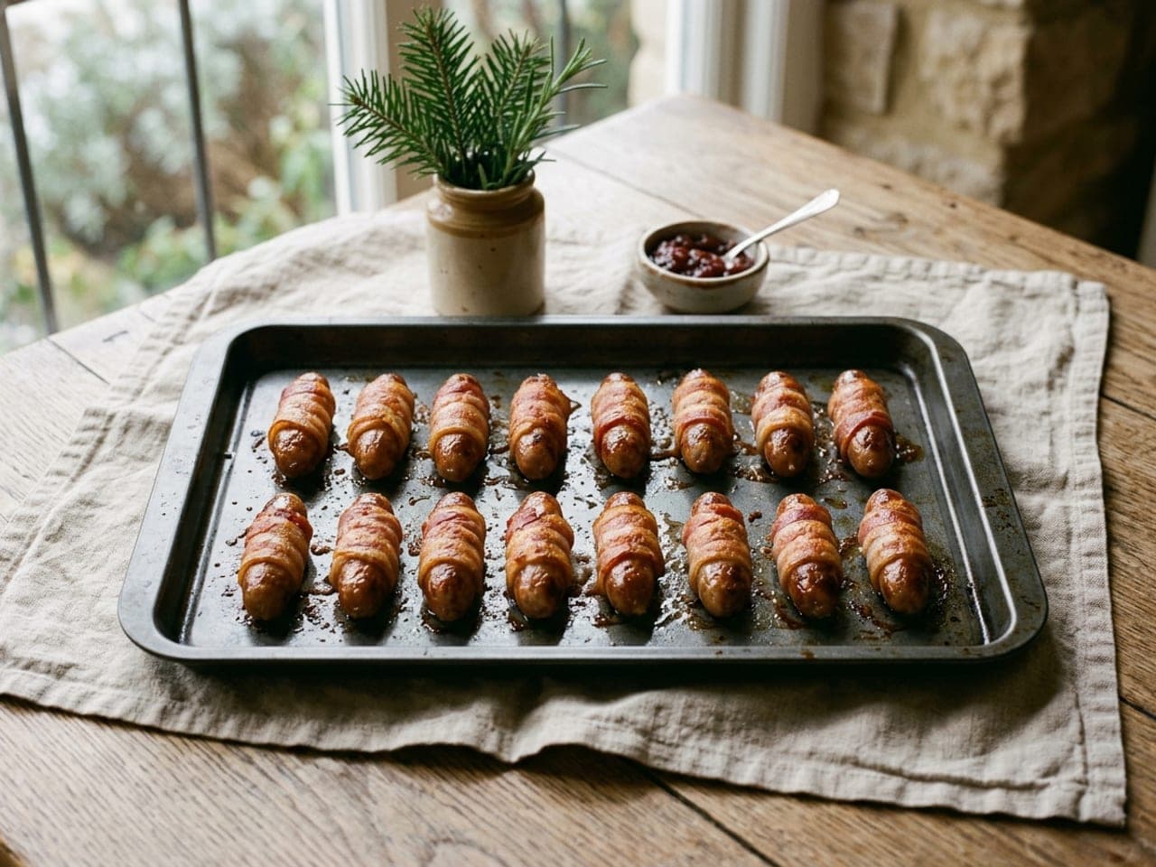 Sixteen small sausages, each wrapped in a strip of bacon, in two rows of eight on a dark baking tray, with a small bowl of cranberry sauce behind