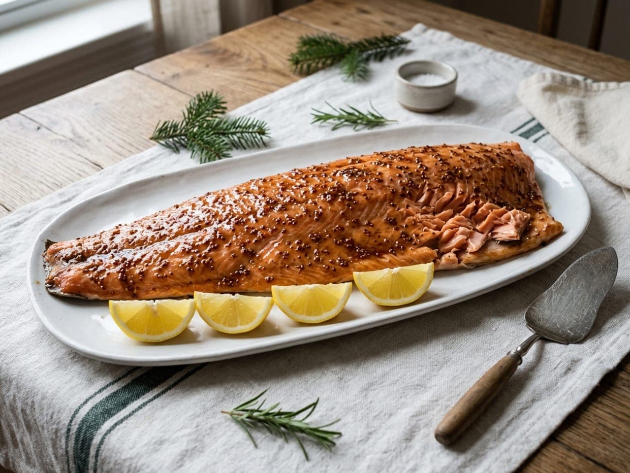 A whole roast side of salmon with a spiced mustard glaze on a white platter with four lemon wedges along one edge and a fish slice beside it