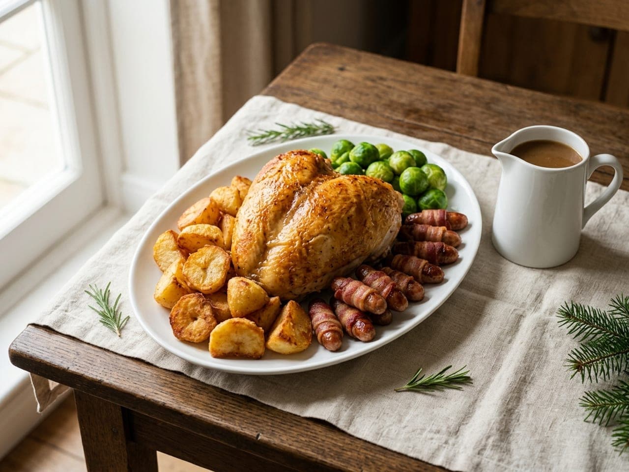 A roast turkey crown on a white platter with roast potatoes, bacon-wrapped sausages and Brussels sprouts around it and a jug of gravy beside it