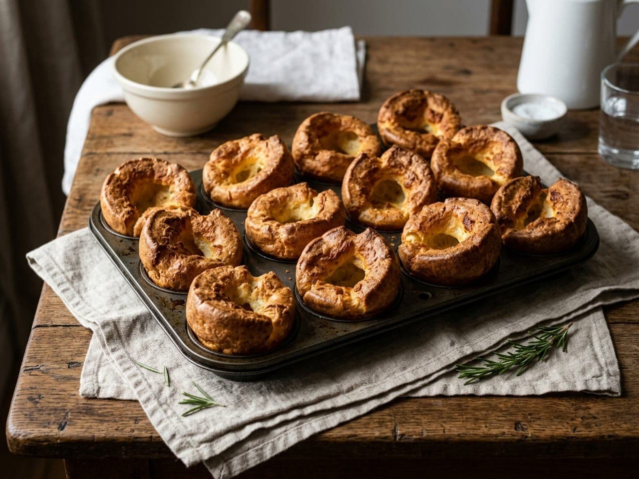 Ten tall golden Yorkshire puddings in a dark metal muffin tin on a linen cloth, crisp at the edges and hollow in the middle, a mixing bowl behind