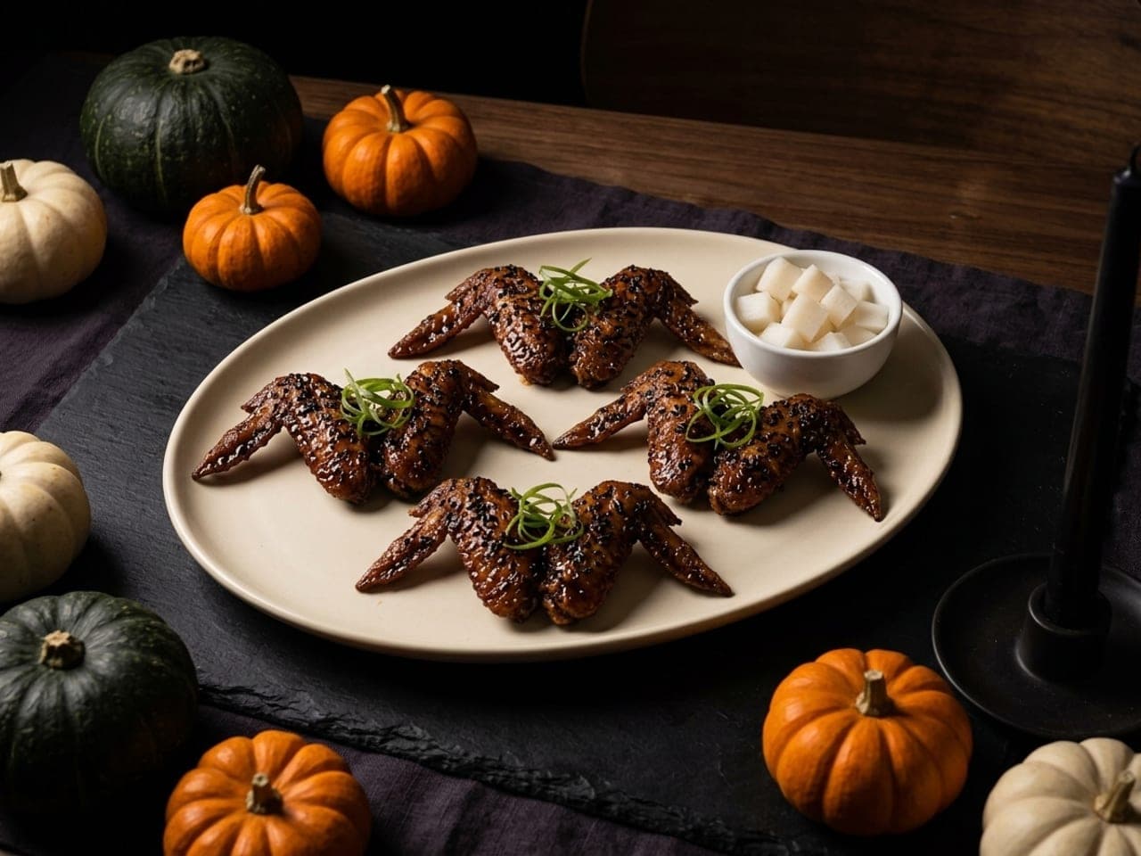Dark glossy soy-glazed fried chicken wing flats laid out in spread pairs like bat wings with black sesame, on a pale plate