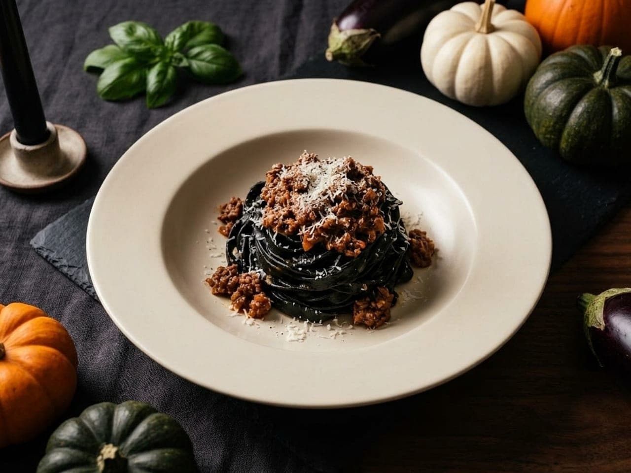 A tall nest of black squid-ink tagliatelle topped with red-brown ragù and grated Parmesan on a pale plate