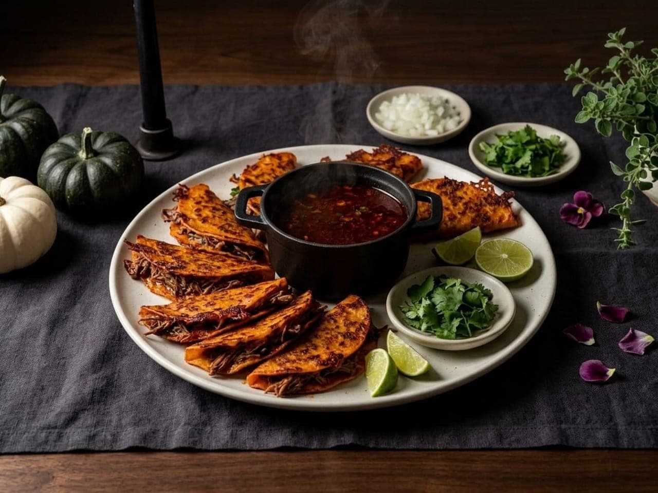 A small black cast-iron pot of deep red consommé surrounded by crisp red birria tacos on a pale platter