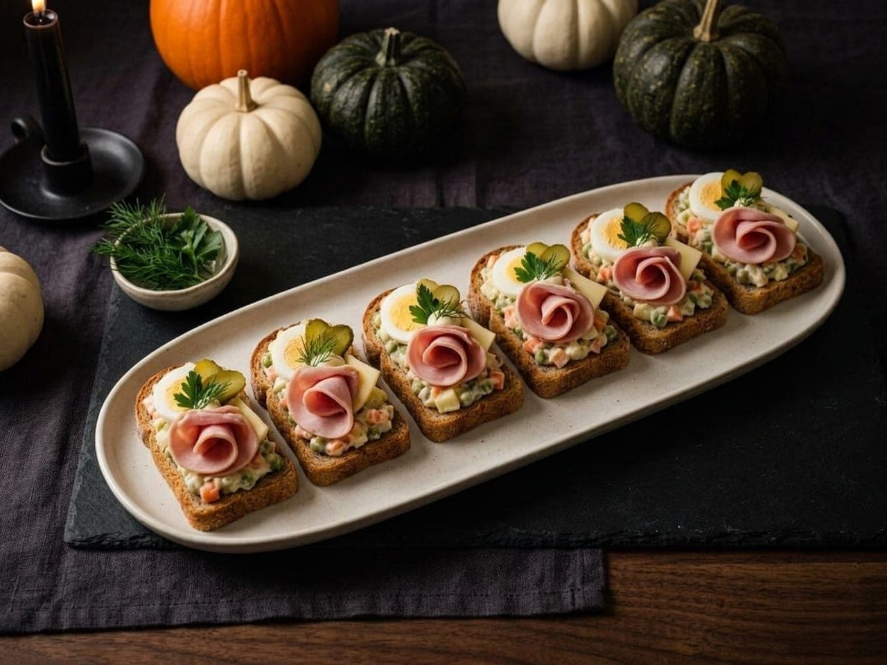Six open sandwiches on dark bread in one straight row on a long pale platter, each topped with potato salad, a rose of folded ham, half an egg, cheese and a gherkin slice