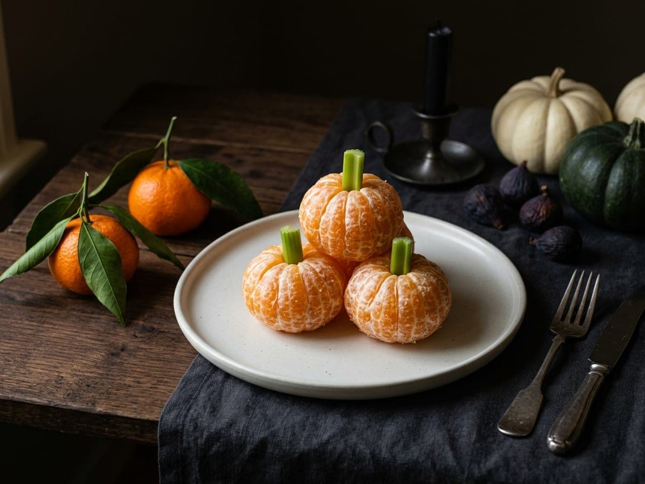 Peeled whole clementines with small celery stems stacked in a pyramid like tiny pumpkins on a pale plate