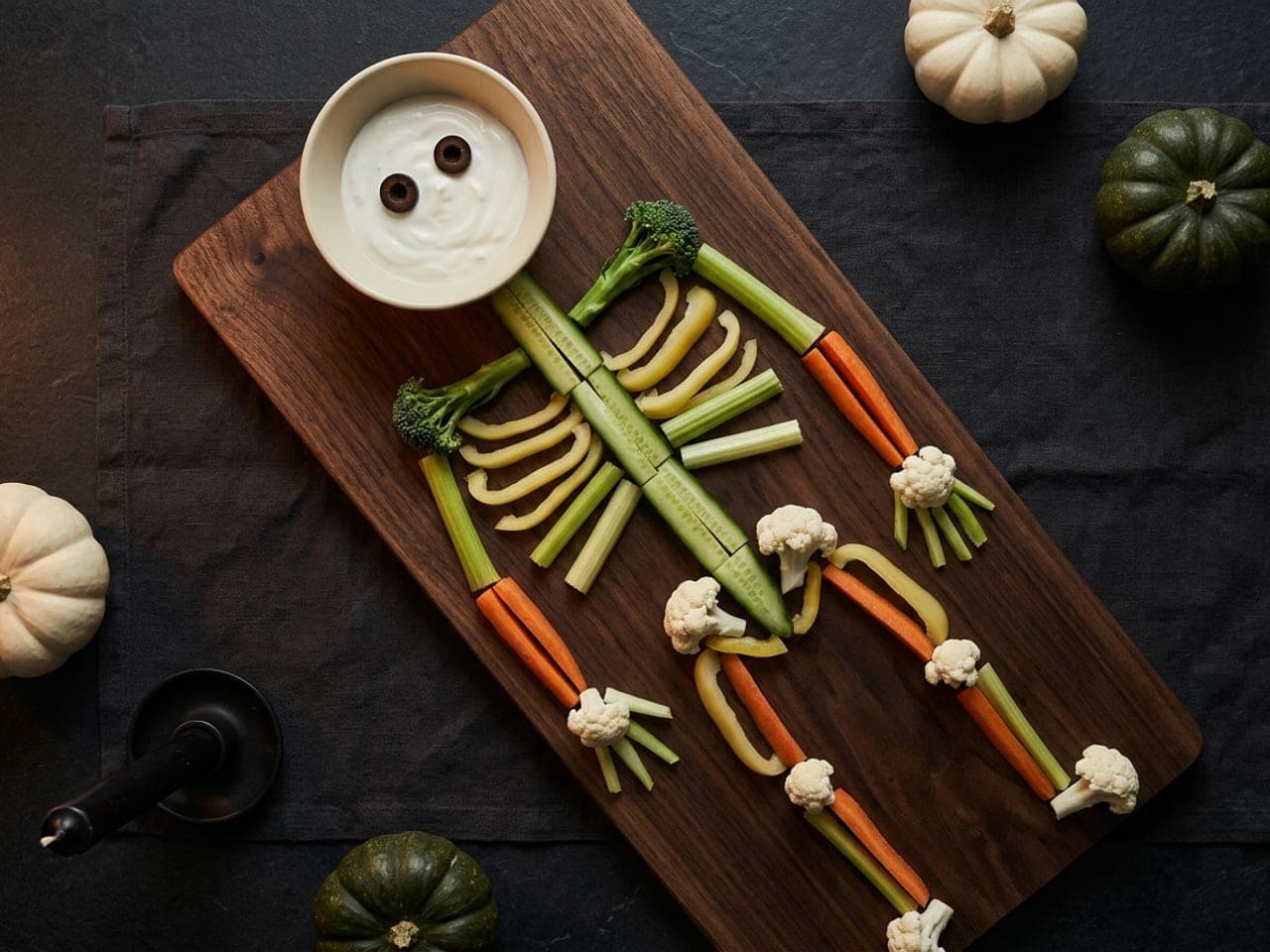 A skeleton made of raw vegetable sticks on a dark board, a bowl of white dip as the skull, cucumber spine and pepper and celery ribs
