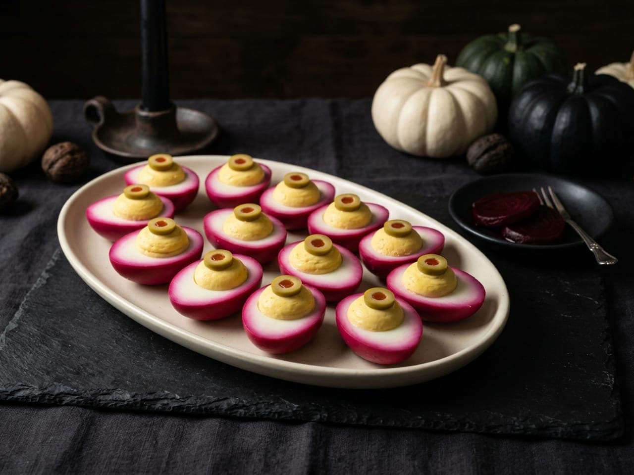 Halved deviled eggs with magenta beet-stained whites, smooth yolk domes and a green olive slice with a red pimento centre as the iris