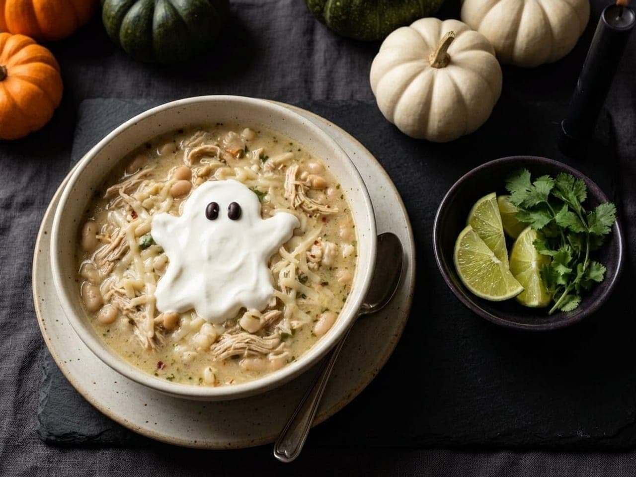 A bowl of pale white chicken chili with a sour cream ghost on top and two black beans for eyes