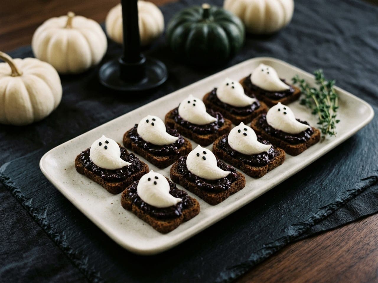 Rye crostini spread with black olive tapenade, each topped with a piped white goat cheese ghost with two black sesame eyes, on a pale plate