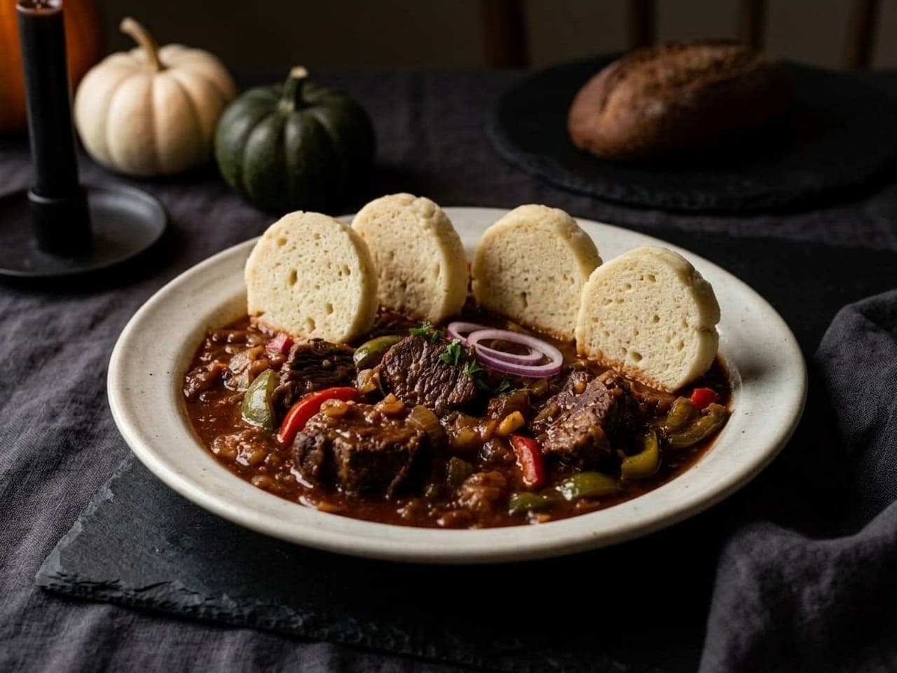Dark red beef goulash in a bowl with slices of bread dumpling standing up along one side like headstones