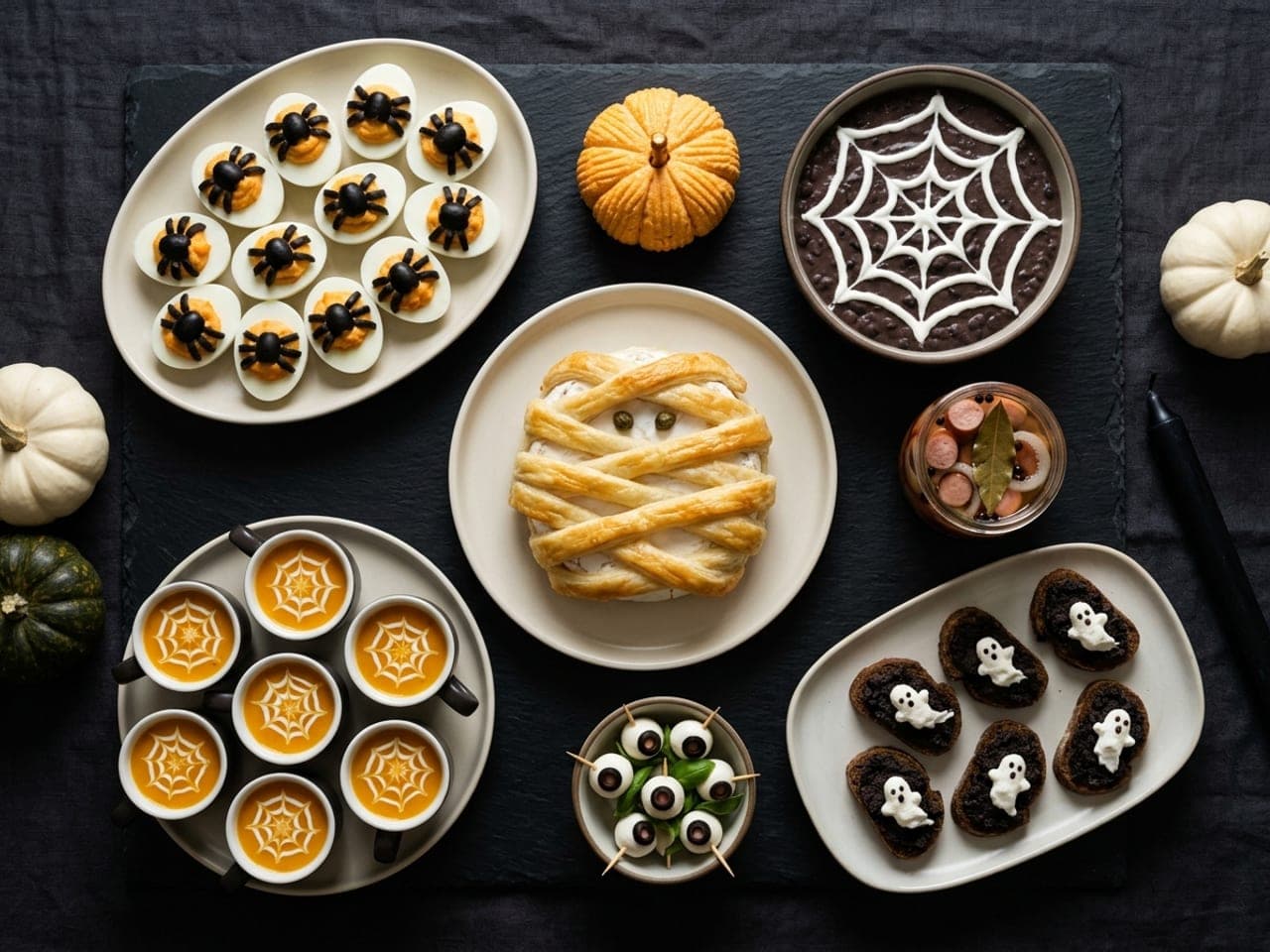Overhead view of a dark Halloween appetizer spread on black slate: spider deviled eggs in a grid, pumpkin soup cups with cream webs, a black bean dip with a sour cream web, ghost crostini, a mummy brie and a pumpkin cheese ball on pale plates
