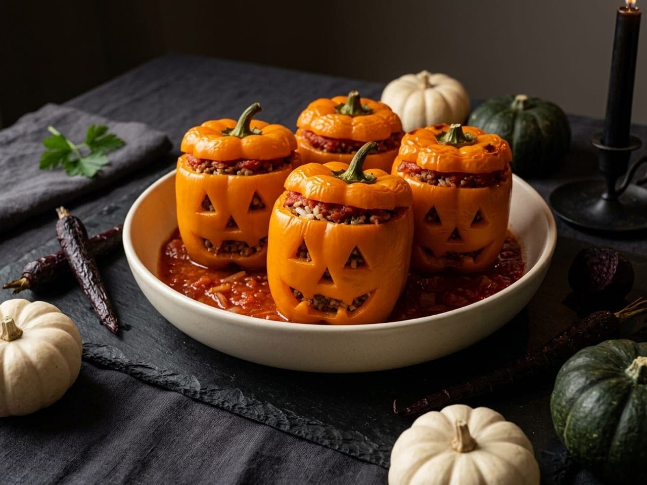 Orange bell peppers with carved jack-o’-lantern faces, stuffed with meat and rice, standing upright in red tomato sauce in a pale dish