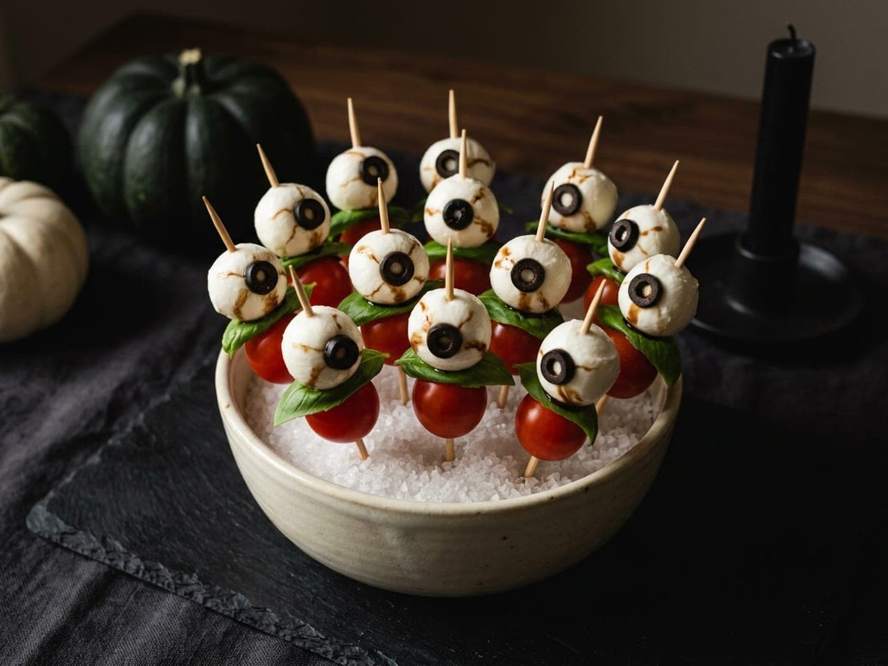 Skewers of small mozzarella balls with black olive pupils and balsamic veins, basil and cherry tomatoes, standing in a pale bowl