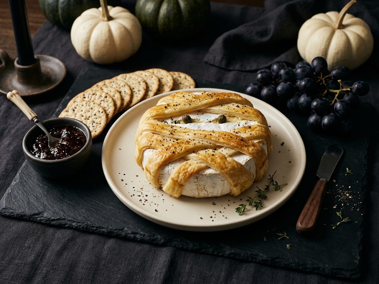 A whole brie wrapped in golden puff pastry strips like a mummy, two capers for eyes peering through a gap, on a pale plate with crackers
