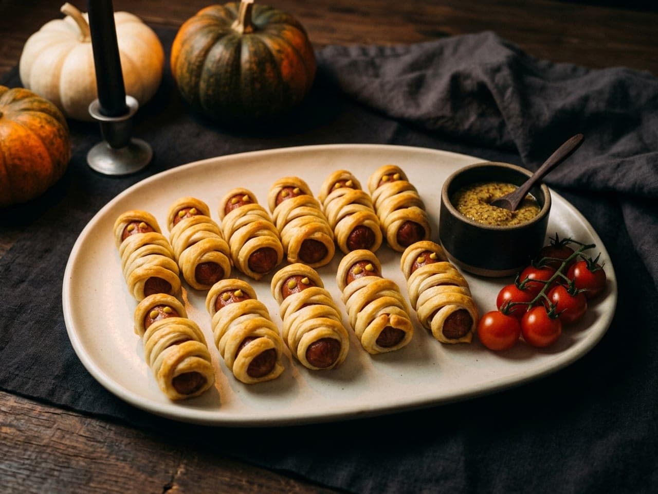 Small sausages wrapped in golden pastry strips like mummies with a gap for the face, on a pale plate with a pot of mustard