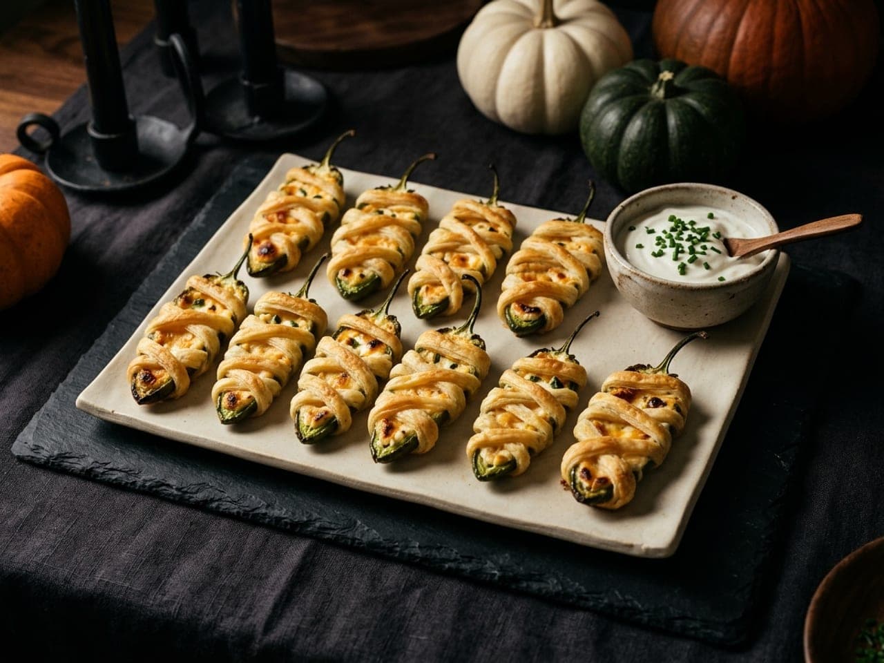 Jalapeño halves wrapped in golden pastry strips like mummies, green pepper showing through a gap, lined up on a pale platter