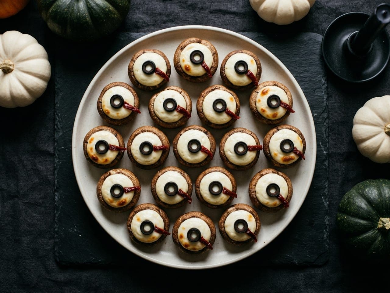 Baked mushroom caps filled with white cream cheese, each with a black olive pupil and a red sun-dried tomato vein, on a pale plate