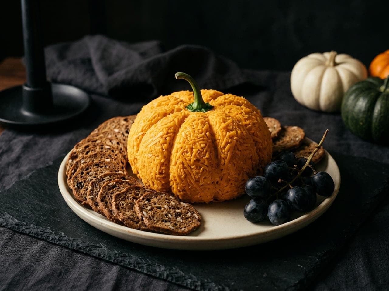 A ridged orange cheddar cheese ball shaped like a pumpkin with a green pepper stem, on a pale plate with dark rye crackers on black slate