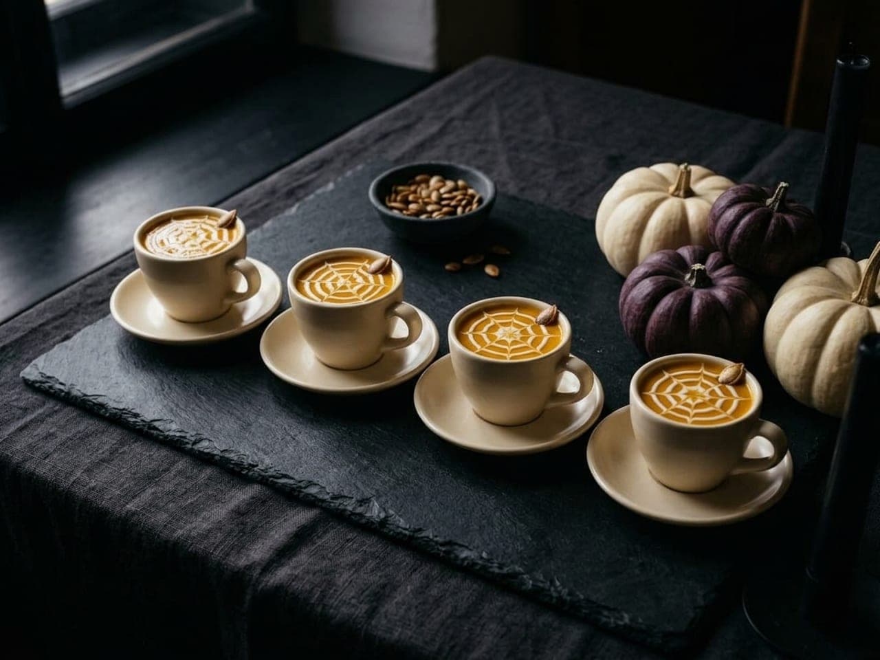Small pale espresso cups of bright orange pumpkin soup, each with a cream spiderweb on top and a toasted pumpkin seed at the edge