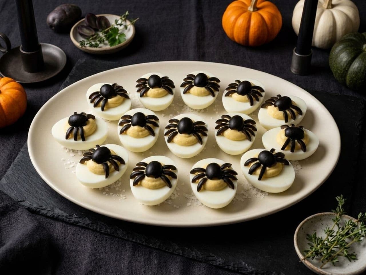 Deviled eggs topped with black olive spiders in a tight grid on a pale cream oval platter set on black slate