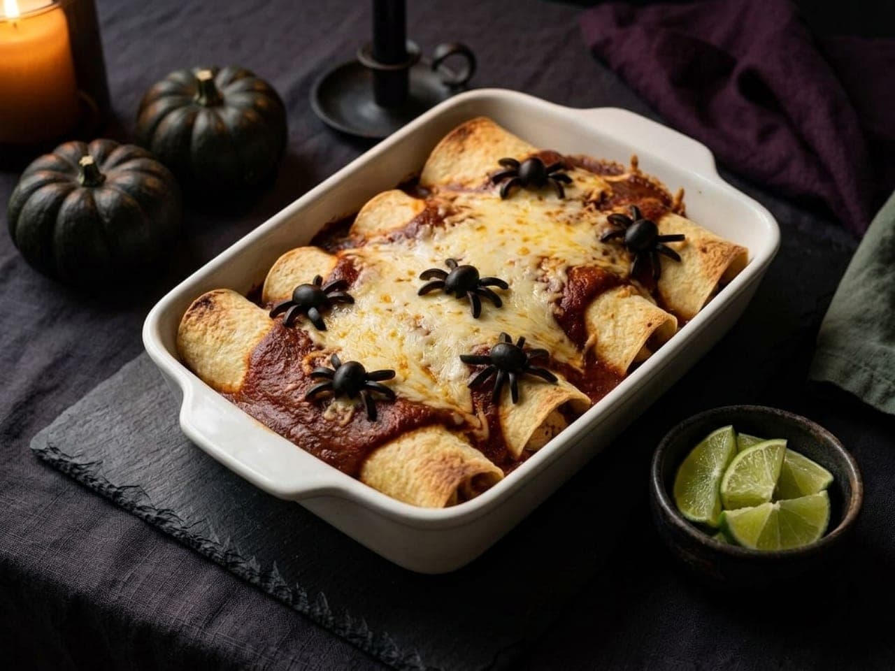 A baking dish of cheese-topped chicken enchiladas with small black olive spiders on the melted cheese