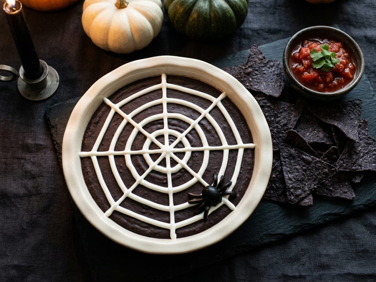 A round dish of dark black bean dip with a white sour cream spiderweb piped on top, blue corn tortilla chips beside it