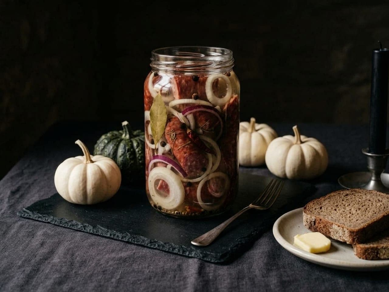 A tall glass jar of pickled sausages layered with onion rings, bay and red chilli in clear brine, with a fork and dark rye bread on black slate