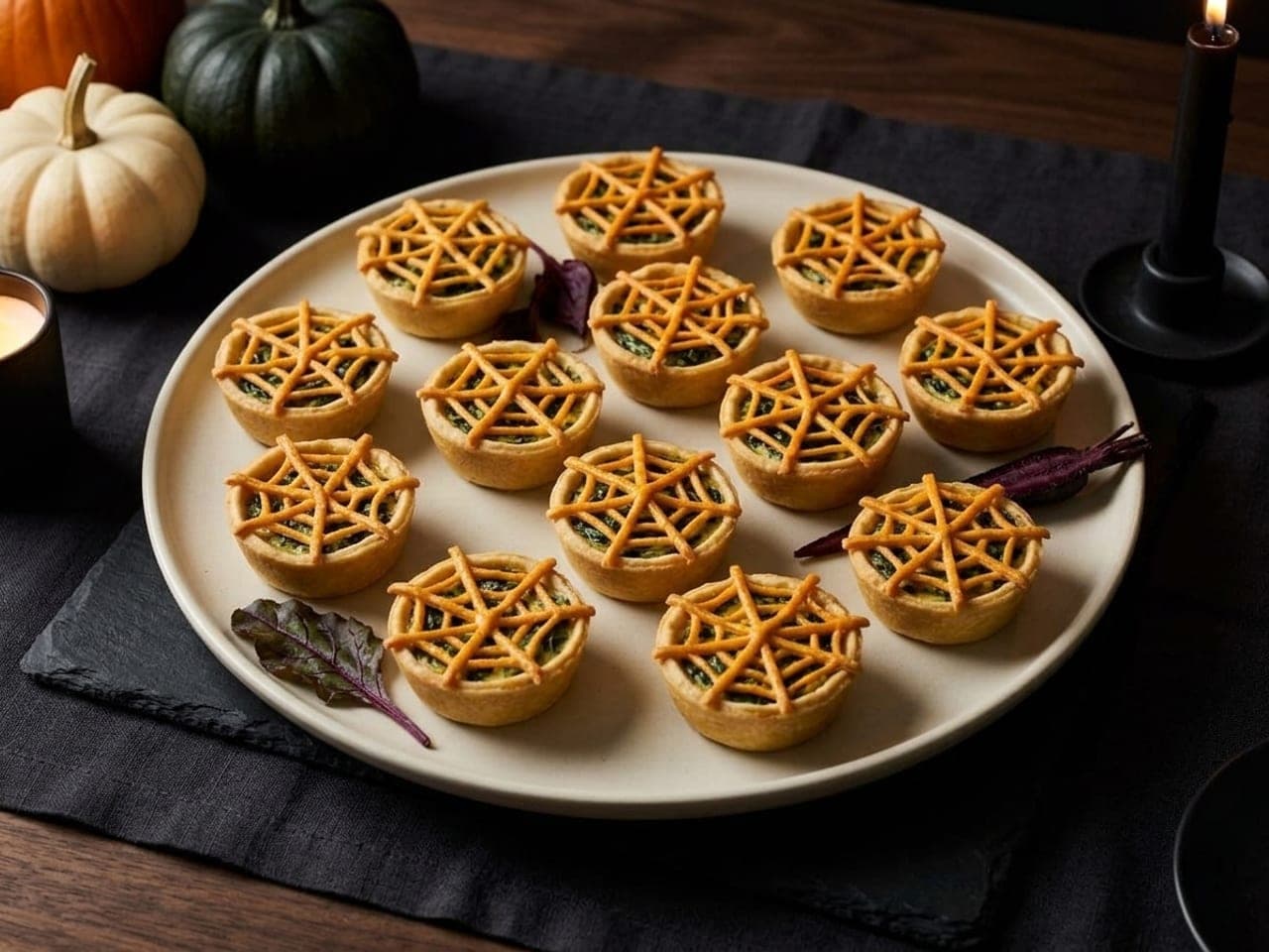 Mini spinach quiches with a crisscross of golden pastry strips on top like a web, arranged on a pale platter on black slate