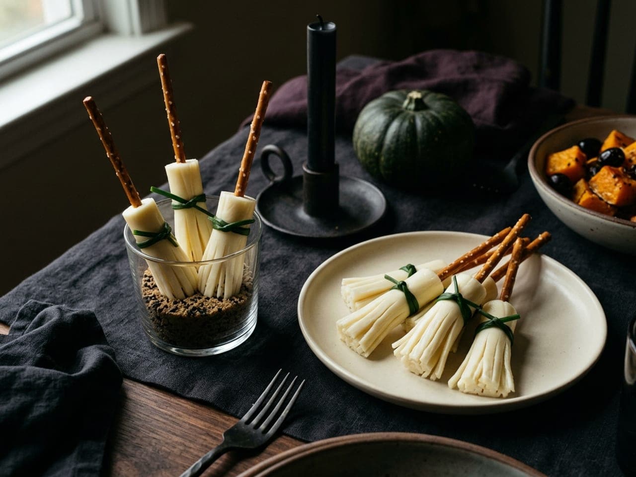 Mini witch’s brooms made of fringed string cheese on pretzel stick handles tied with chives, standing bristles-down in a small glass